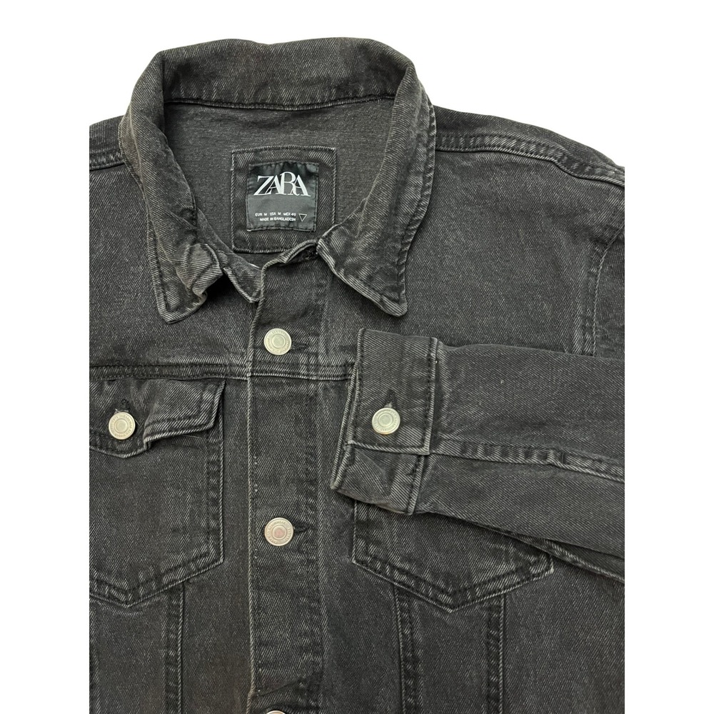 Zara Denim Jacket Mens Medium Black Denimwear Trucker Faded Wash Button Up 6480